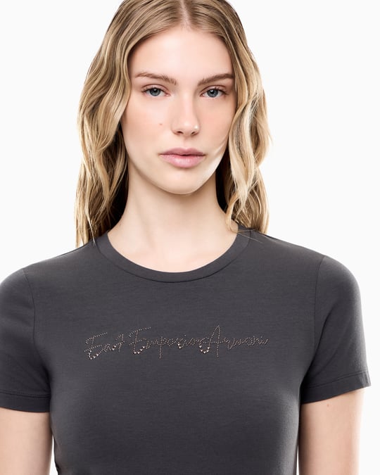 EA7 Ea7 Kadın Normal Kesim Yapay Taş Desenli Logo Detaylı Yuvarlak Yakalı Kısa Kollu Antrasit T-Shirt 7W001399 AF14880-U8117
