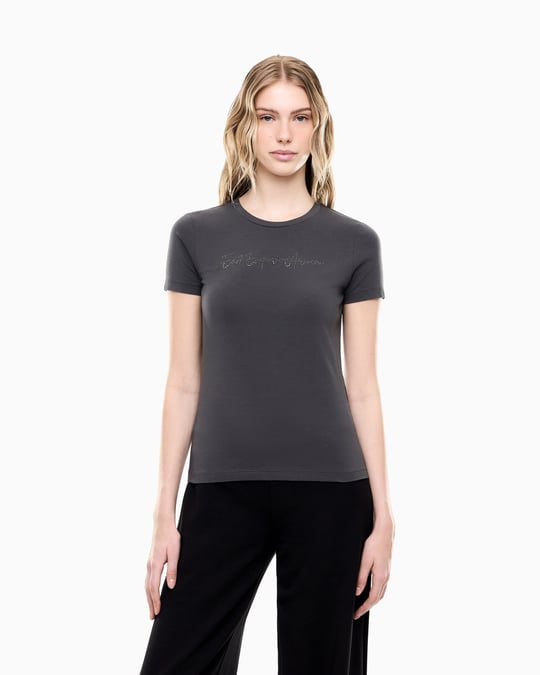 EA7 Ea7 Kadın Normal Kesim Yapay Taş Desenli Logo Detaylı Yuvarlak Yakalı Kısa Kollu Antrasit T-Shirt 7W001399 AF14880-U8117
