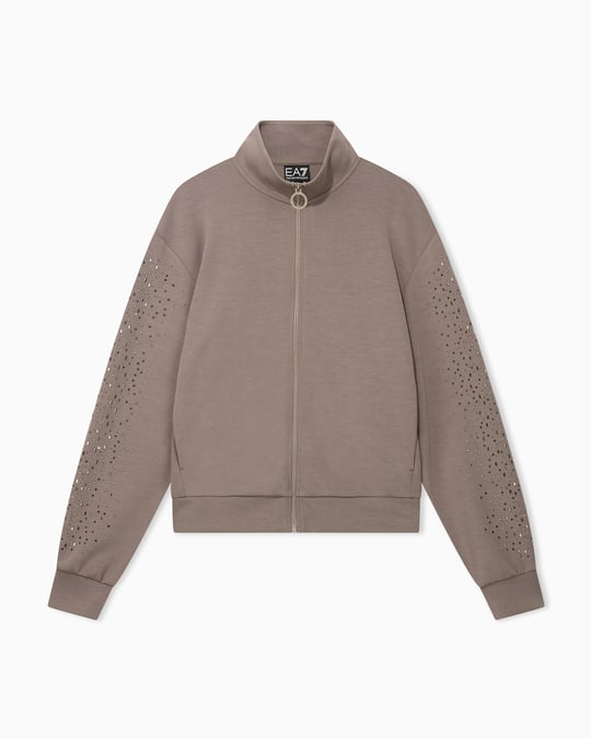 EA7 Ea7 Kadın Rahat Kalıp Düşük Omuzlu Kollarında Yapay Elmas Desenli Uzun Kollu Fermuarlı Bej Sweatshirt 7W001424 AF24375-U6100