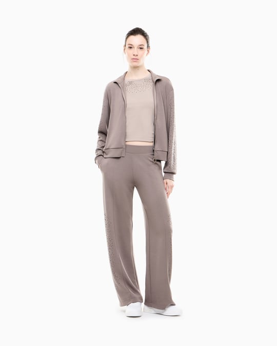EA7 Ea7 Kadın Rahat Kalıp Düşük Omuzlu Kollarında Yapay Elmas Desenli Uzun Kollu Fermuarlı Bej Sweatshirt 7W001424 AF24375-U6100
