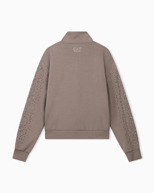 EA7 Ea7 Kadın Rahat Kalıp Düşük Omuzlu Kollarında Yapay Elmas Desenli Uzun Kollu Fermuarlı Bej Sweatshirt 7W001424 AF24375-U6100