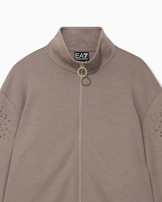 EA7 Ea7 Kadın Rahat Kalıp Düşük Omuzlu Kollarında Yapay Elmas Desenli Uzun Kollu Fermuarlı Bej Sweatshirt 7W001424 AF24375-U6100