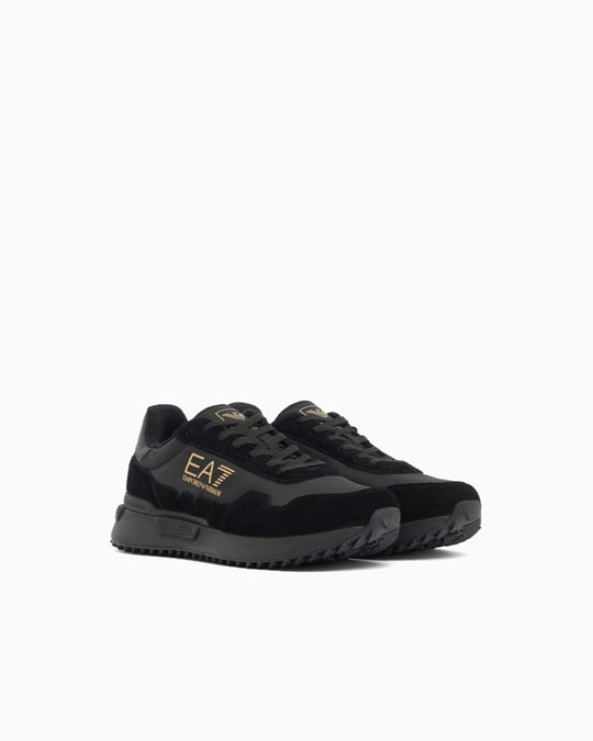 EA7 Ea7 Unısex Düşük Bilekli Rahat Tabanlı Süet Detaylı EA7 Logo Desenli Deri Siyah-Gold Sneaker 7X000380 AF19175-MZ177
