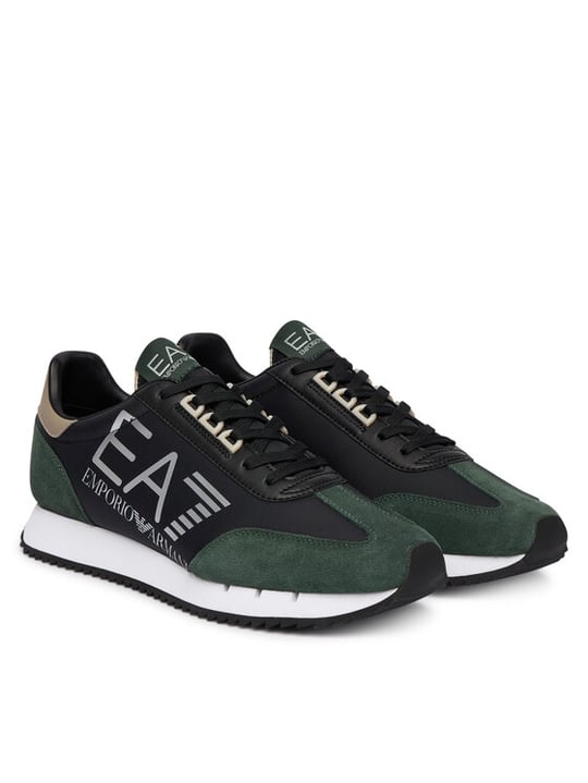 EA7 Ea7 Unısex Kalın Rahat Taban Logo Desenli Süet Detaylı Siyah-Yeşil Sneaker 7X000541 AF18609-MZ578