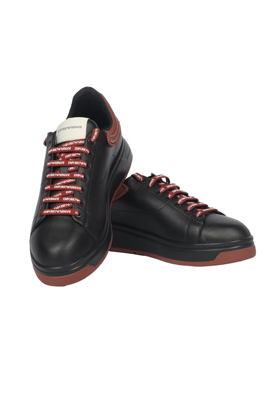 Emporio Armani Emporıo Armani Erkek %100 Deri Marka Logolu Siyah-Bordo Sneaker X4X264 XN001-T430