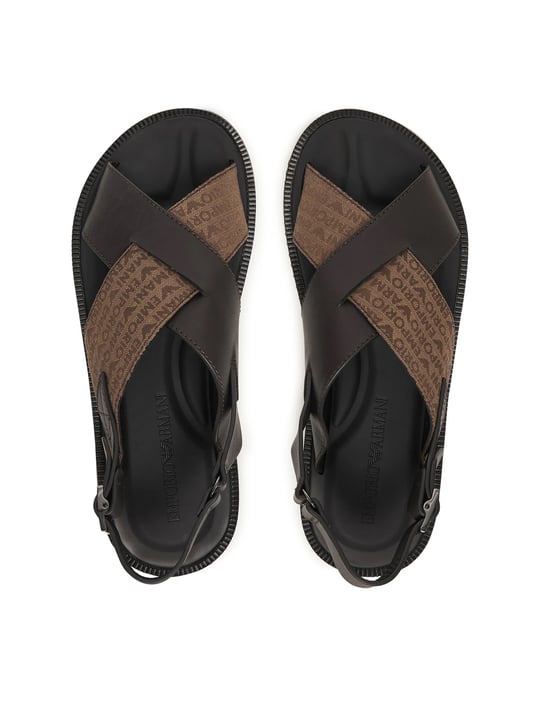 Emporio Armani Emporıo Armani Erkek %100 Deri ve Jakarlı Çapraz Bantlı Kahverengi Sandalet EM004323 AF25617-M6354