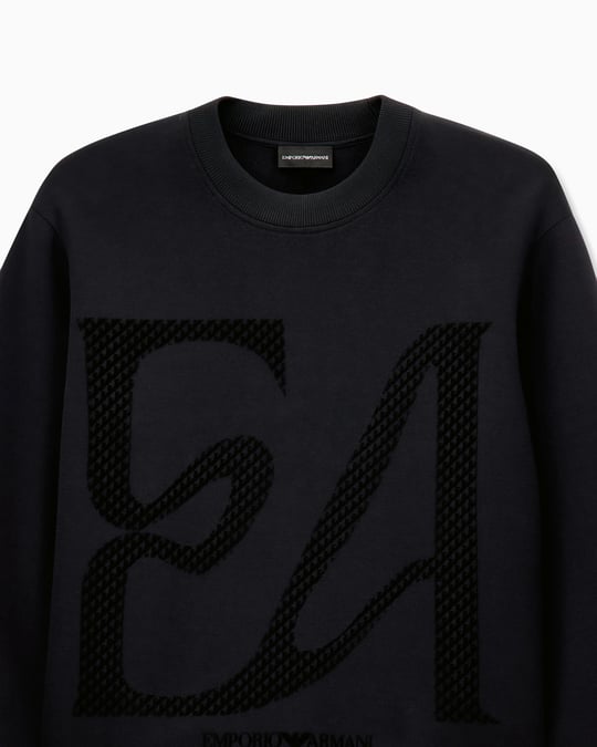 Emporio Armani Emporıo Armani Erkek Büyük Kadife Logo Detaylı Pamuklu Çift Jarse Kumaşlı Uzun Kollu Siyah Sweatshirt EM006841 AF10013-MC722