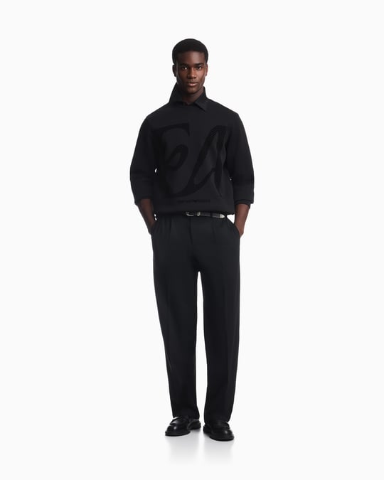 Emporio Armani Emporıo Armani Erkek Büyük Kadife Logo Detaylı Pamuklu Çift Jarse Kumaşlı Uzun Kollu Siyah Sweatshirt EM006841 AF10013-MC722