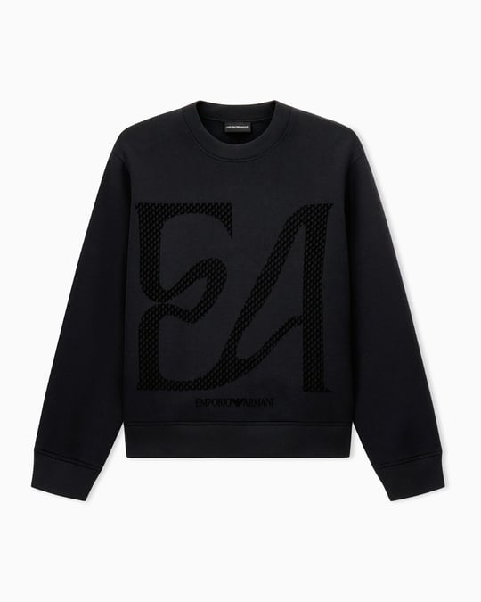 Emporio Armani Emporıo Armani Erkek Büyük Kadife Logo Detaylı Pamuklu Çift Jarse Kumaşlı Uzun Kollu Siyah Sweatshirt EM006841 AF10013-MC722