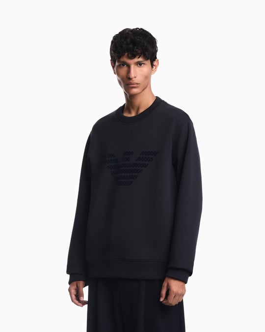 Emporio Armani Emporıo Armani Erkek Büyük Kadife Logo Detaylı Pamuklu Çift Jarse Kumaşlı Uzun Kollu Siyah1 Sweatshirt EM006841 AF10013-MB845
