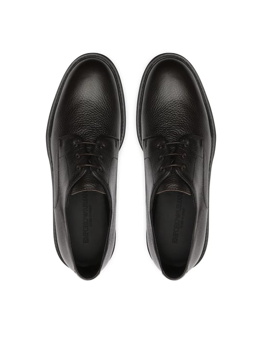 EMPORIO ARMANI Emporıo Armani Erkek Çakıllı Deri Yuvarlak Burunlu Bağcıklı Tış Tabanı Logo Desenli Kahverengi Ayakkabı X4C653 XF583-00003