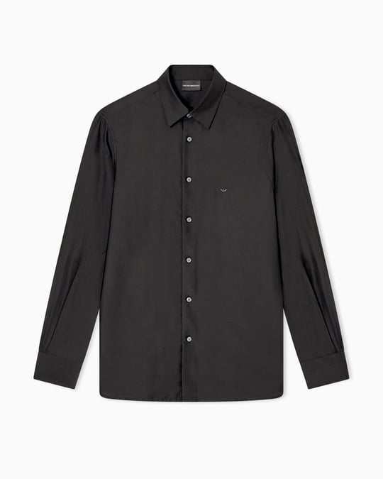 EMPORIO ARMANI Emporıo Armani Erkek Göğüste Mikro Kartal İşlemesi Gömlek Yaka Uzun Kol Siyah Gömlek EM001537 AF17293-UC001