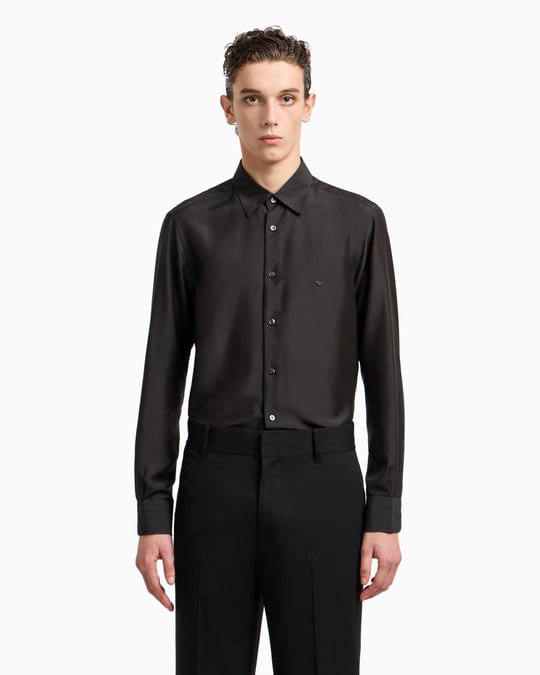 EMPORIO ARMANI Emporıo Armani Erkek Göğüste Mikro Kartal İşlemesi Gömlek Yaka Uzun Kol Siyah Gömlek EM001537 AF17293-UC001
