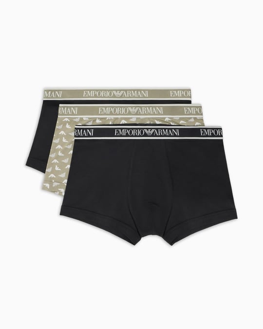 EMPORIO ARMANI Emporıo Armani Erkek Logolu Elastik Bantlı Streç Pamuklu 3'lü Siyah-Bej Boxer EM000370 AF10779-MC065