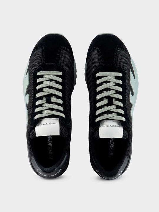 Emporio Armani Emporıo Armani Erkek Marka Logolu Bağcıklı Kaydırmaz Tabanlı Günlük Siyah-Yeşil Sneaker X4X583 XN647-T431