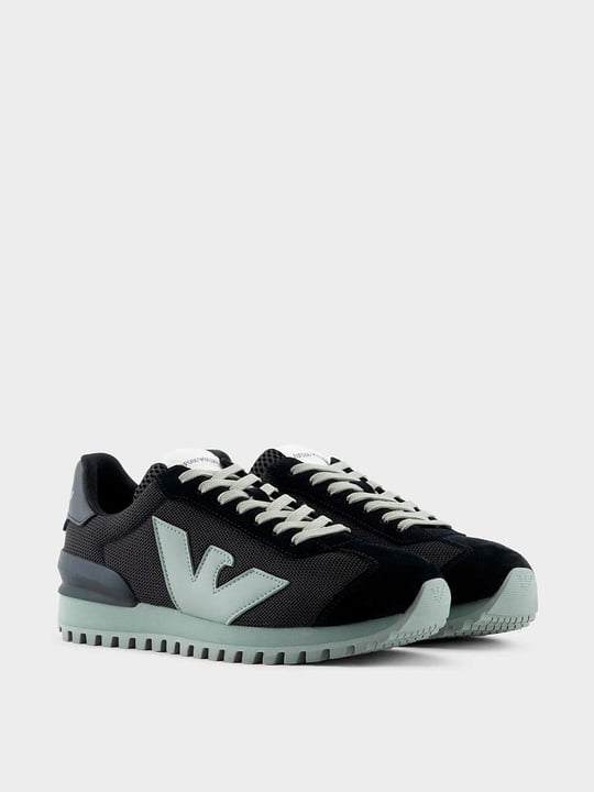 Emporio Armani Emporıo Armani Erkek Marka Logolu Bağcıklı Kaydırmaz Tabanlı Günlük Siyah-Yeşil Sneaker X4X583 XN647-T431