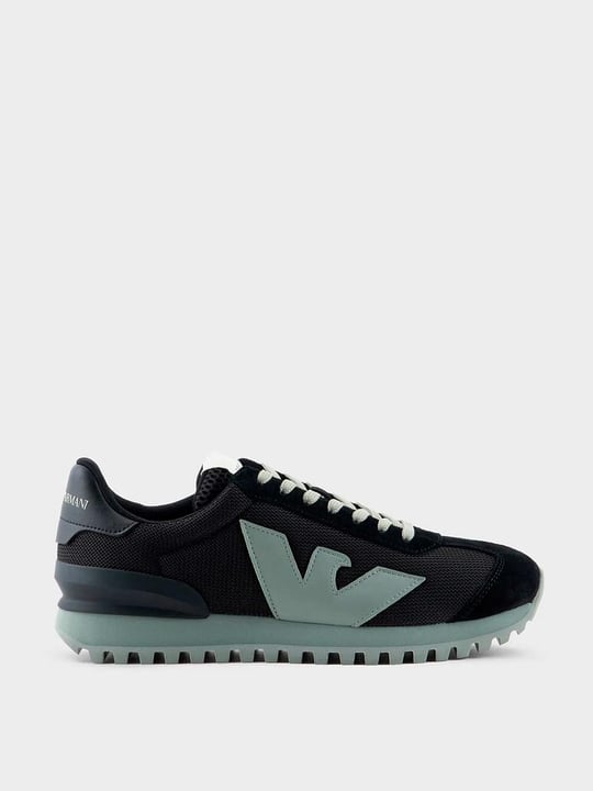 Emporio Armani Emporıo Armani Erkek Marka Logolu Bağcıklı Kaydırmaz Tabanlı Günlük Siyah-Yeşil Sneaker X4X583 XN647-T431