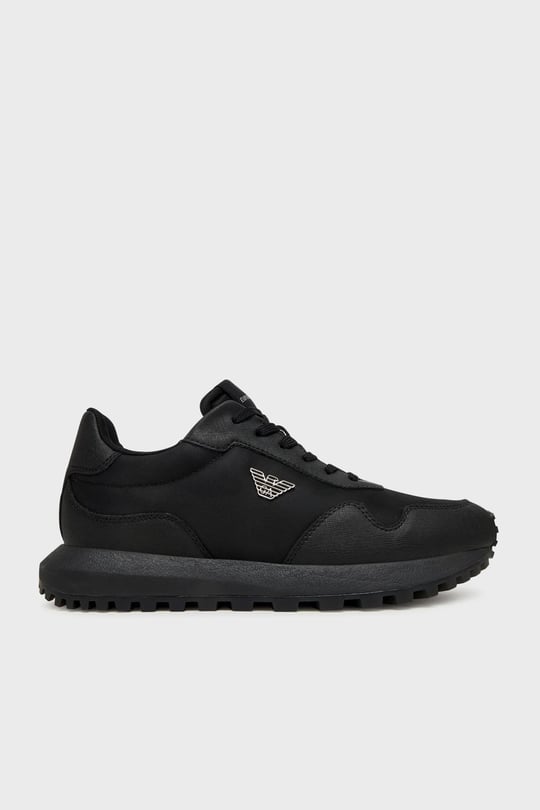 Emporio Armani Emporıo Armani Erkek Metalik Kartal Logolu Düşük Bilekli Nefes Alabilir Ön Yüzeyli Ortopedik Taban Siyah Sneaker EM003738 AF19532-MC005