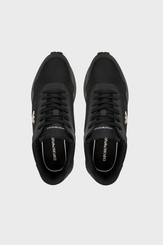 Emporio Armani Emporıo Armani Erkek Metalik Kartal Logolu Düşük Bilekli Nefes Alabilir Ön Yüzeyli Ortopedik Taban Siyah Sneaker EM003738 AF19532-MC005