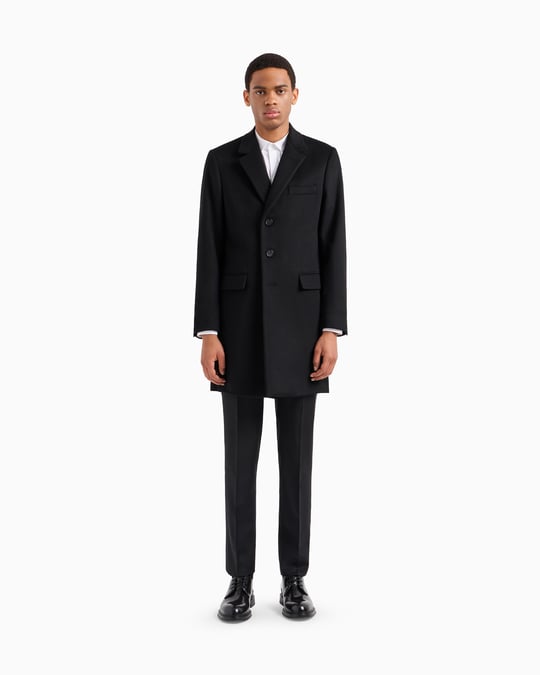 EMPORIO ARMANI Emporıo Armani Erkek Normal Kalıp Astarlı Düğme Kapamalı Lüks Kunduz Derisi İçerikli Yumuşak Kaşmir Siyah Palto 01L650 01699-999