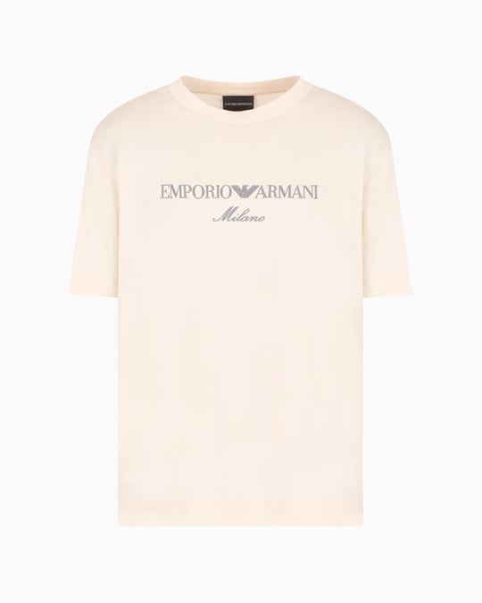 EMPORIO ARMANI Emporıo Armani Erkek Normal Kesim Yuvarlak Yaka Pamuklu Milano Baskılı Kısa Kollu Bej T-Shirt EM001033 AF10017-M1052