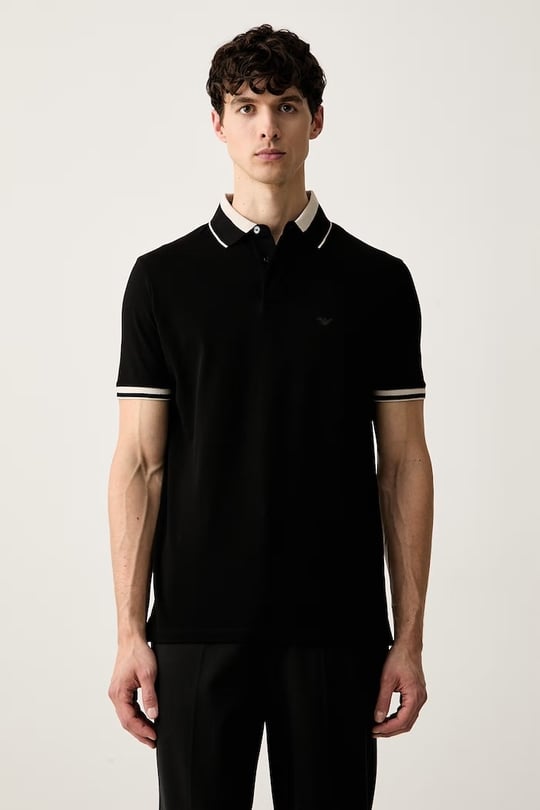 Emporio Armani Emporıo Armani Erkek Normal Kesim Kartal Logo İşlemeli Pamuklu Pike Kumaşlı Kısa Kollu Siyah Polo Yaka T-Shirt EM006625 AF12955-UC001