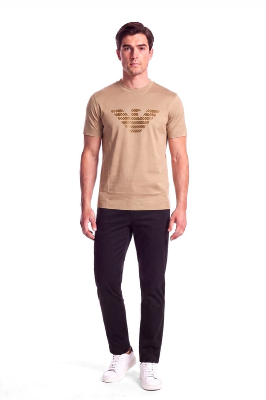Emporio Armani Emporıo Armani Erkek Normal Kalıp Yuvarlak Yakalı Büyük Kadife Logolu Kısa Kollu Bej T-Shirt EM006770 AF10017-M6530