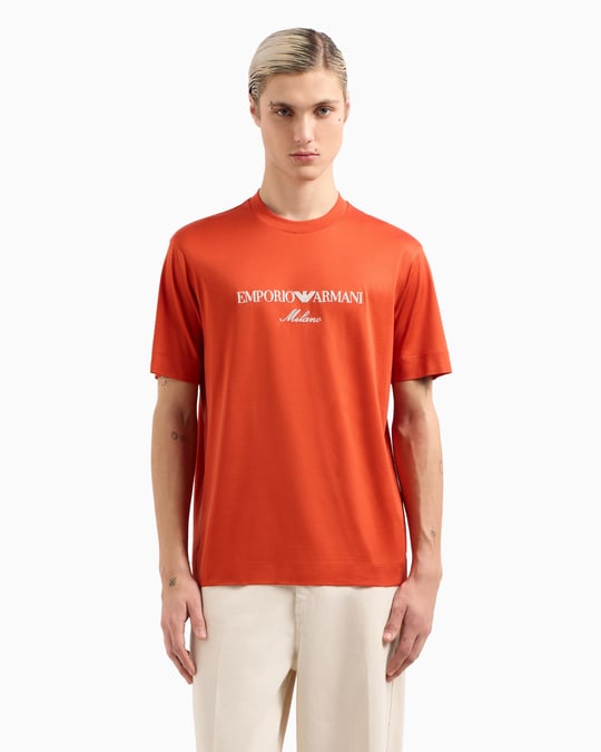 EMPORIO ARMANI Emporıo Armani Erkek Normal Kesim Yuvarlak Yaka Pamuklu Milano Baskılı Kısa Kollu Turuncu T-Shirt EM001033 AF10017-M5030