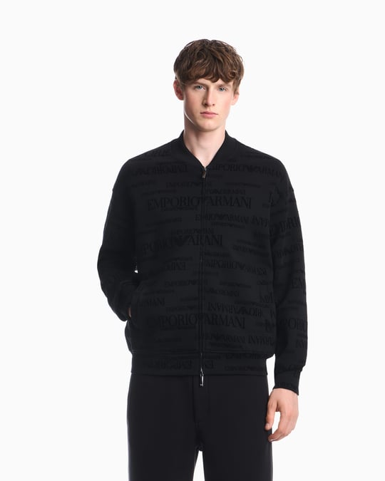Emporio Armani Emporıo Armani Erkek Normal Kalıp Kadife Logo Baskılı Uzun Kollu Yumuşak Pamuklu Fermuarlı Siyah Sweatshirt EM006881 AF10013-FC376