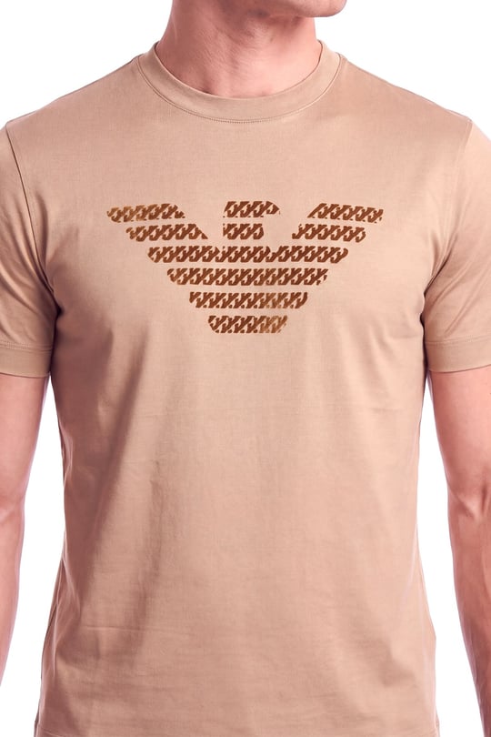 Emporio Armani Emporıo Armani Erkek Normal Kalıp Yuvarlak Yakalı Büyük Kadife Logolu Kısa Kollu Bej T-Shirt EM006770 AF10017-M6530