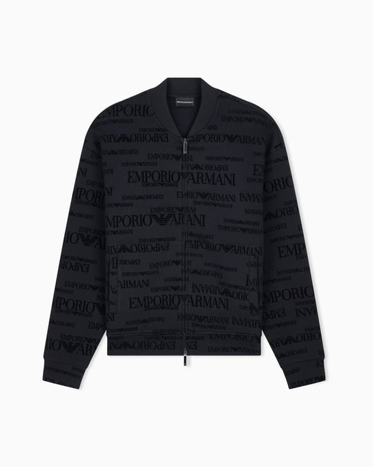 Emporio Armani Emporıo Armani Erkek Normal Kalıp Kadife Logo Baskılı Uzun Kollu Yumuşak Pamuklu Fermuarlı Siyah Sweatshirt EM006881 AF10013-FC376