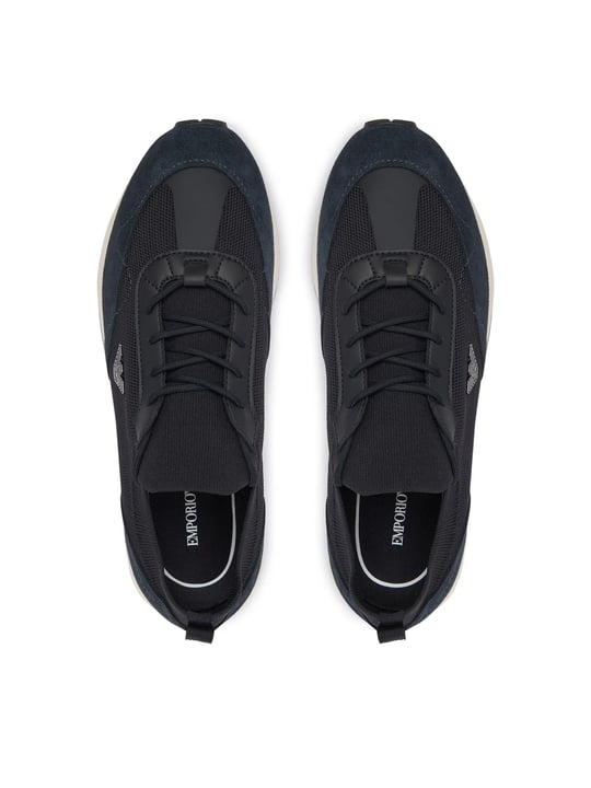 Emporio Armani Emporıo Armani Erkek Örme ve Süet Detaylı Burunlu Kartal Logolu Yuvarlak Lacivert Sneaker EM003739 AF19724-MB562