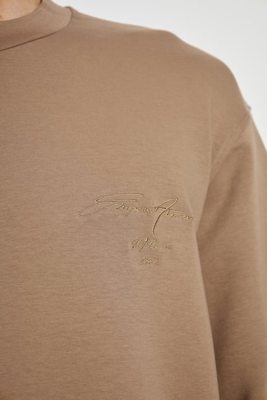 Emporio Armani Emporıo Armani Erkek Rahat Çift Jarse Yuvarlak Yaka Logo İşlemeli Kahverengi Sweatshirt EM002906 AF10013-M6175