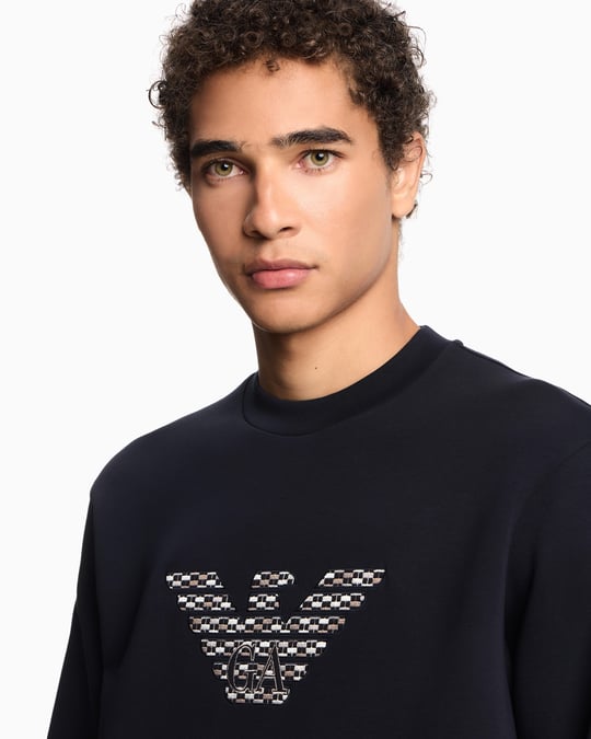 Emporio Armani Emporıo Armani Erkek Rahat Çift Jarse Yuvarlak Yaka Logo İşlemeli Lacivert Sweatshirt EM002906 AF10013-MB369
