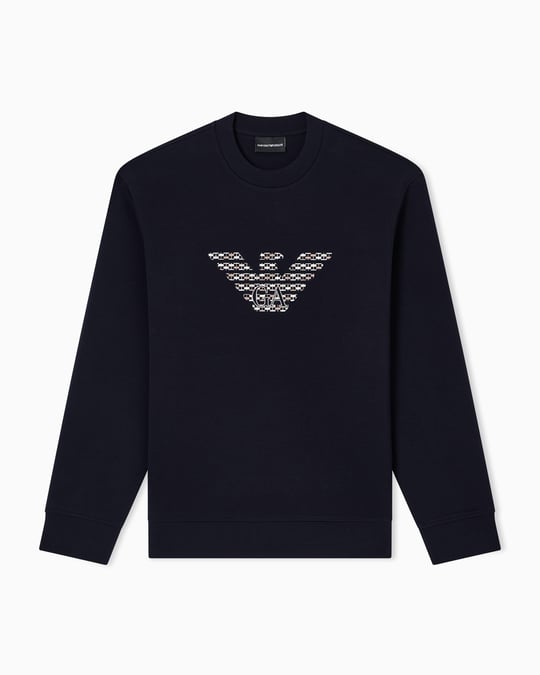 Emporio Armani Emporıo Armani Erkek Rahat Çift Jarse Yuvarlak Yaka Logo İşlemeli Lacivert Sweatshirt EM002906 AF10013-MB369