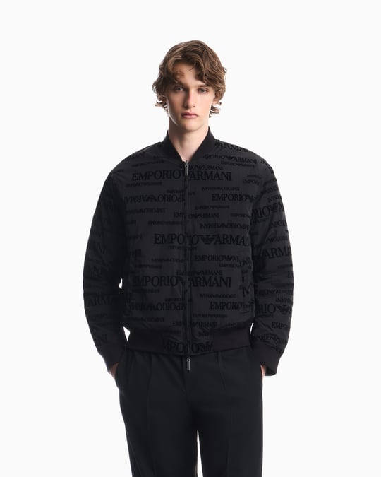 Emporio Armani Emporıo Armani Erkek Regular Fit Monogram Desenli Fermuarlı Cepli Kaz Tüyü Dolgulu Bomber Siyah Ceket EM006731 AF19870-FC056