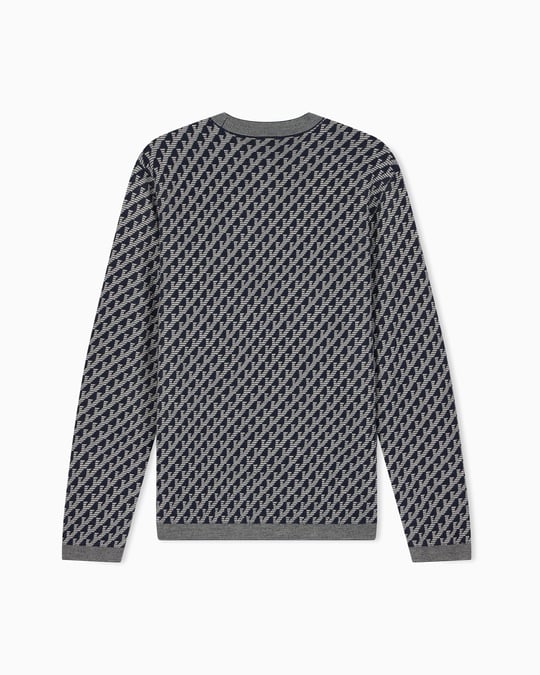 Emporio Armani Emporıo Armani Erkek Saf Yün Jakar Logo Desenli Bisiklet Yaka Ribana Detaylı Uzun Kollu Lacivert Kazak EM006360 AF27946-FB066