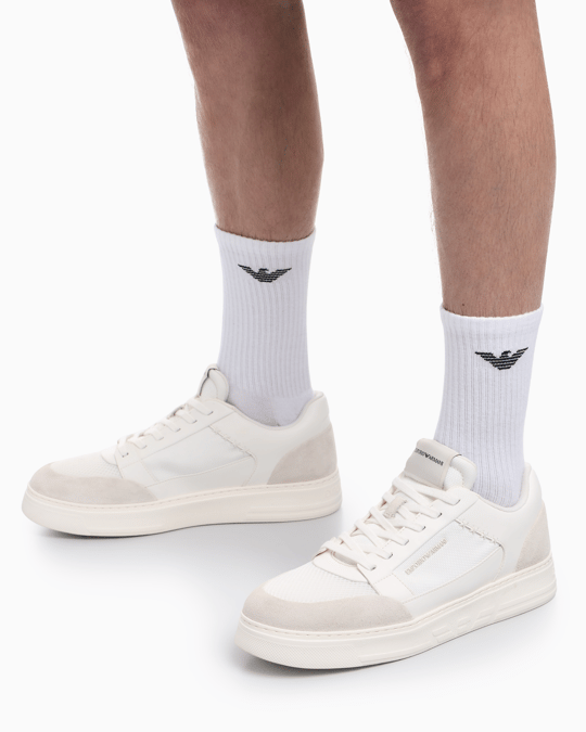 Emporio Armani Emporıo Armani Erkek Süet Ve File Detaylar Bağcıklı Kauçuk Taban Beyaz Sneaker EM004836 AF24321-M0360