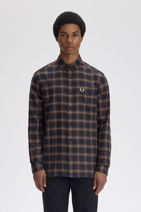 Fred Perry Fred Perry Erkek %100 Pamuklu Normal Kalıp Kare Desenli Uzun Kollu Kahverengi Gömlek M1753-Q21