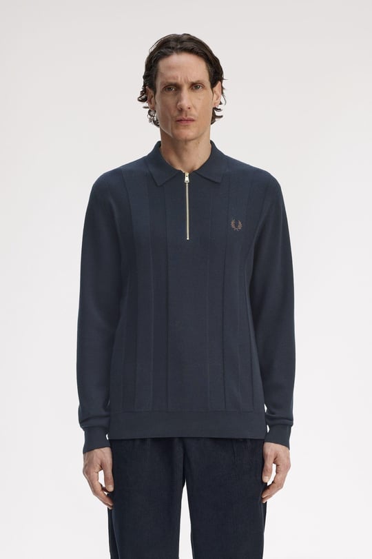 Fred Perry Fred Perry Erkek Fermuar Kapama Uzun Kol Regular Fit Lacivert Polo Yaka T-Shirt K1555-608