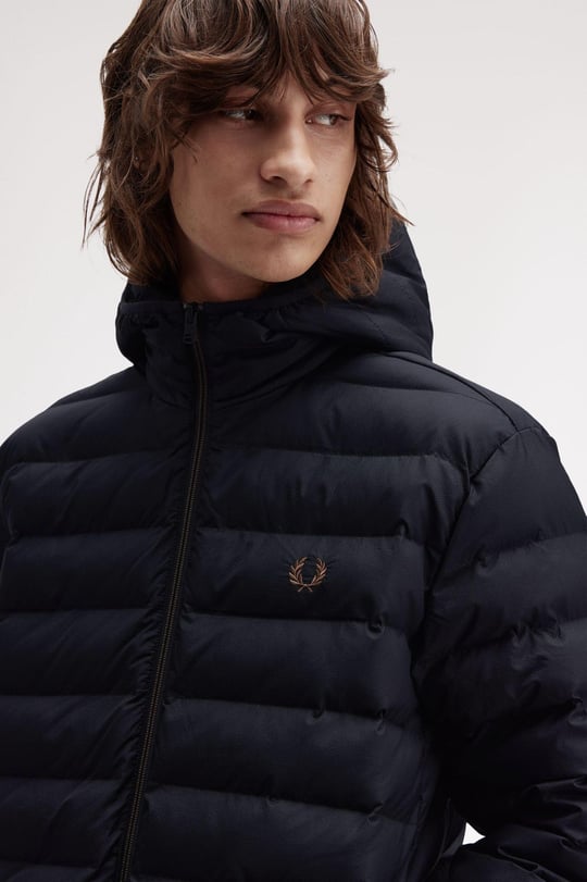 Fred Perry Fred Perry Erkek Kapşonlu Yaka Marka Detaylı Fermuarlı Şişme Siyah Ceket J8553-184