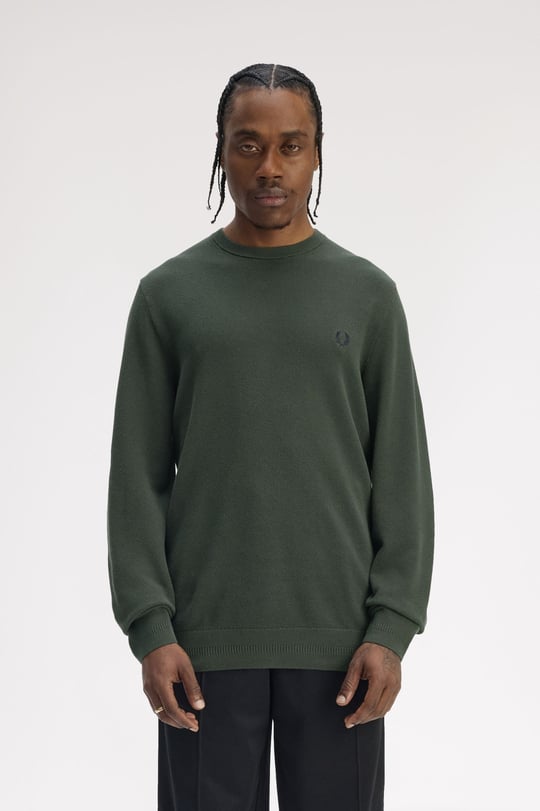 Fred Perry Fred Perry Erkek Logo İşlemeli Normal Kalıp Yuvarlak Yakalı %100 Pamuklu Uzun Kollu Yeşil Kazak K1309-X89