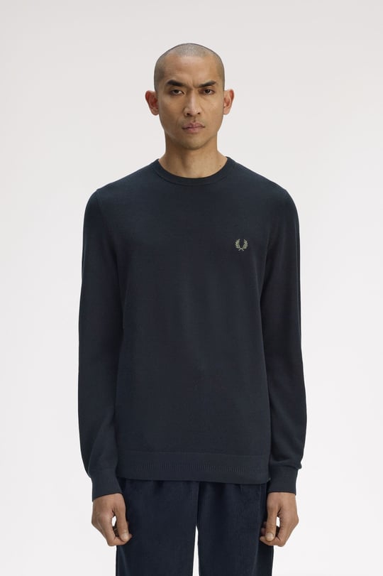 Fred Perry Fred Perry Erkek Logo İşlemeli Normal Kalıp Yuvarlak Yakalı %100 Pamuklu Uzun Kollu Lacivert Kazak K1309-608