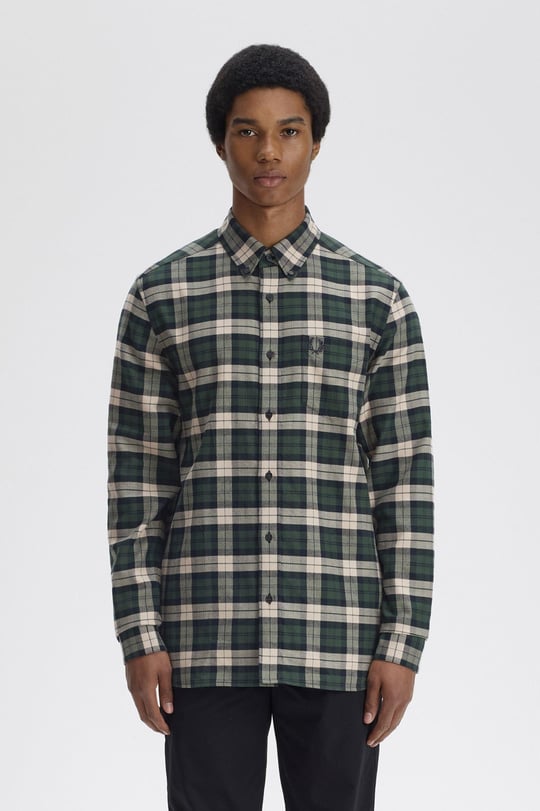 Fred Perry Fred Perry Erkek Normal Kalıp Kare Desenli Pamuklu Uzun Kollu Yeşil Gömlek M1754-X89
