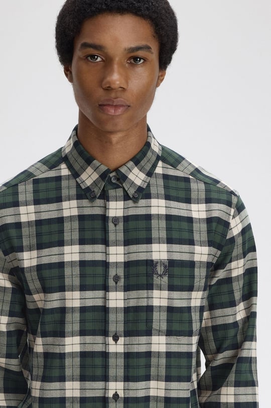 Fred Perry Fred Perry Erkek Normal Kalıp Kare Desenli Pamuklu Uzun Kollu Yeşil Gömlek M1754-X89