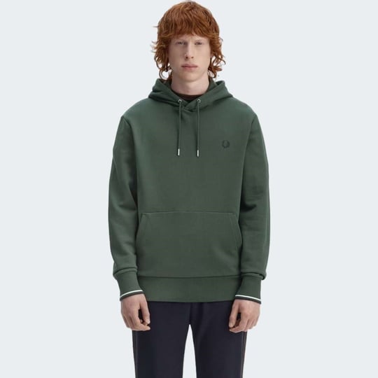 Fred Perry Fred Perry Erkek Normal Kalıp Logo İşlemeli Kapüşonlu %100 Pamuklu Uzun Kollu Yeşil Sweatshirt M2643-53A