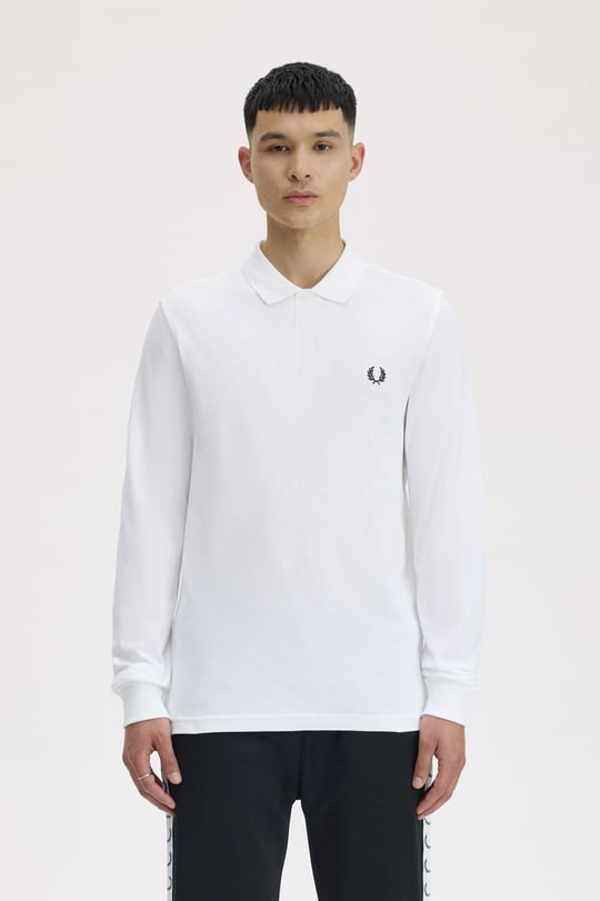 Fred Perry Fred Perry Erkek Normal Kesim Logo İşlemeli %100 Pamuklu Pike Kumaş Uzun Kollu Beyaz Polo Yaka T-Shirt M6006-100