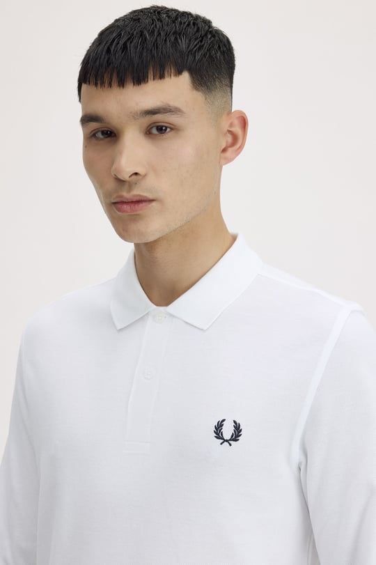 Fred Perry Fred Perry Erkek Normal Kesim Logo İşlemeli %100 Pamuklu Pike Kumaş Uzun Kollu Beyaz Polo Yaka T-Shirt M6006-100