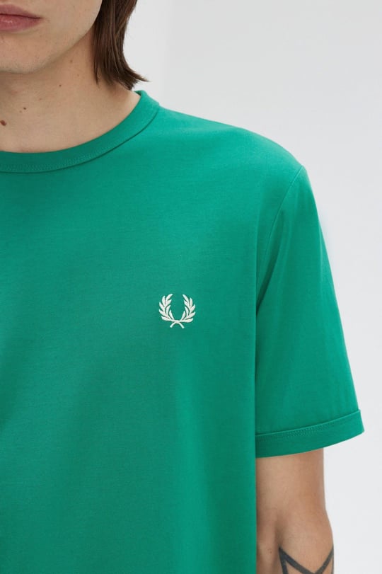 Fred Perry Fred Perry Erkek Pamuklu Jarse Kumaş Manşet ve Yuvarlak Yakalı Kısa Kollu Yeşil T-Shirt M3519-X87