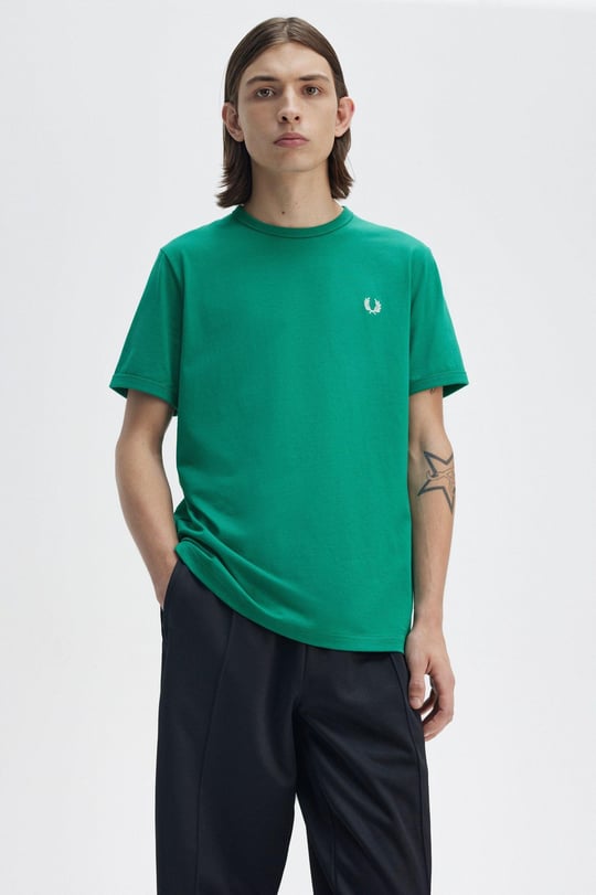 Fred Perry Fred Perry Erkek Pamuklu Jarse Kumaş Manşet ve Yuvarlak Yakalı Kısa Kollu Yeşil T-Shirt M3519-X87